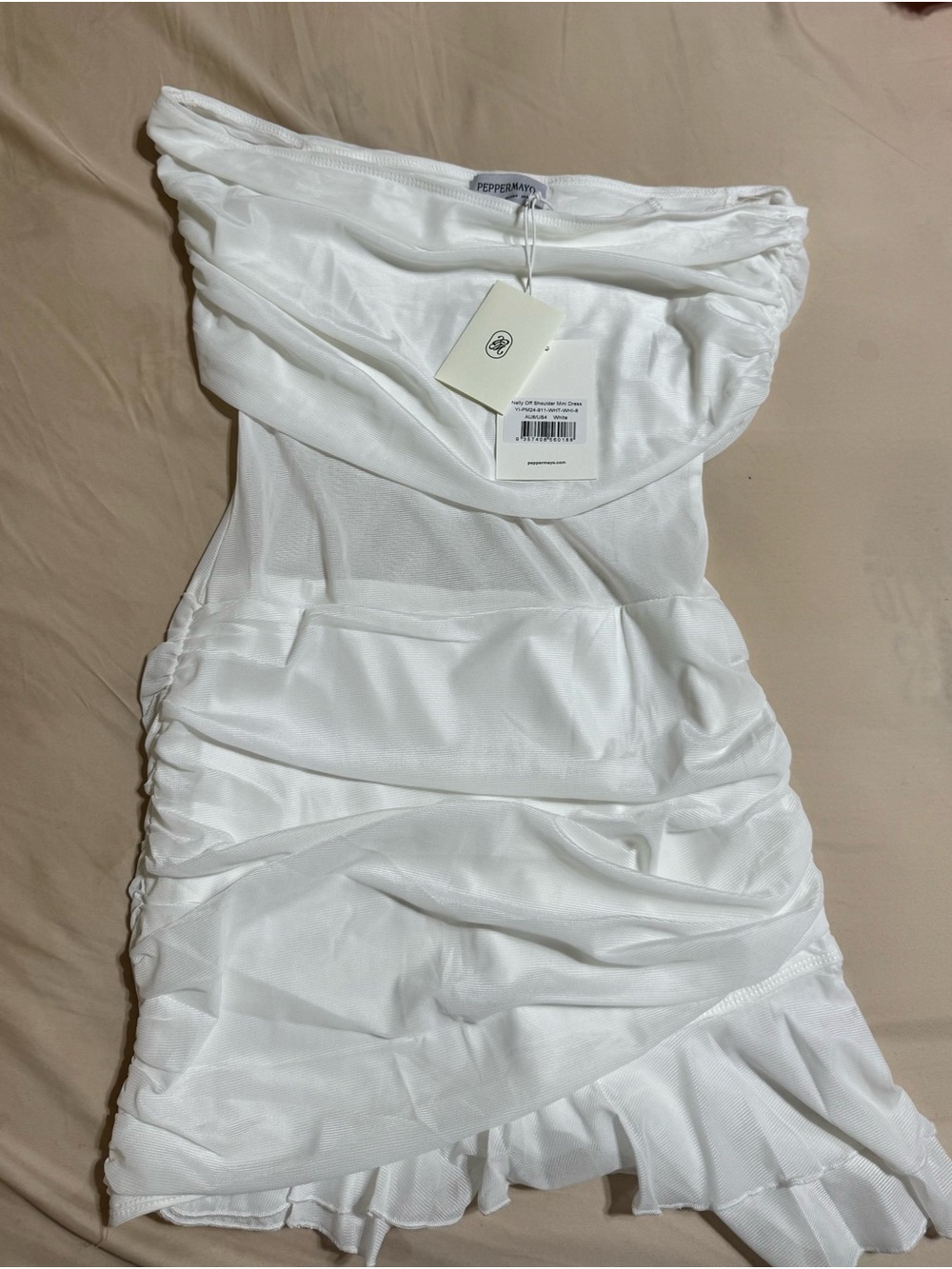 Peppermayo White Strapless Ruched Mini Dress with Mesh Layers